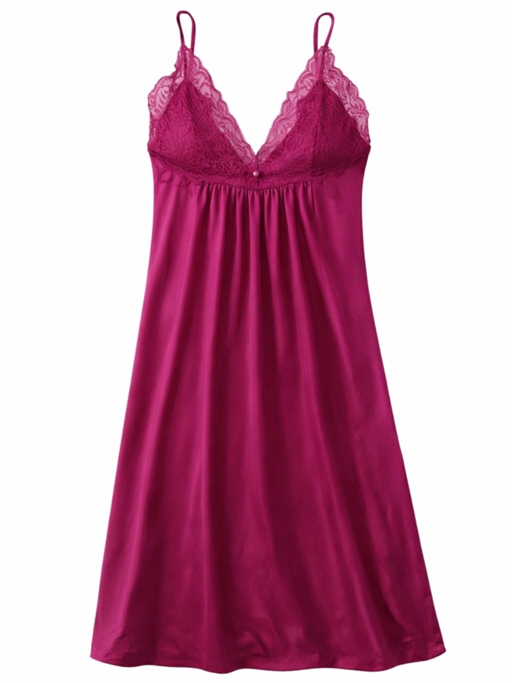 Lace-Trim Satin Chemise Nightdress in Fuchsia